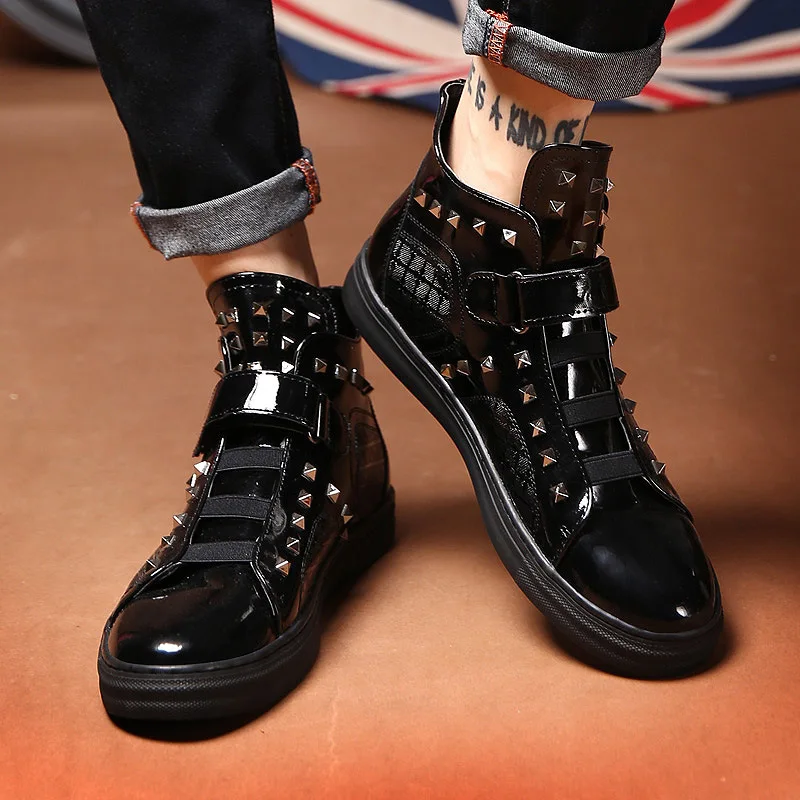 

Men Casual Shoes Patent Leather High Top Shoes Rivet Hip-hop Boots Quality Hip Hop Sneakers Zapatillas Hombre