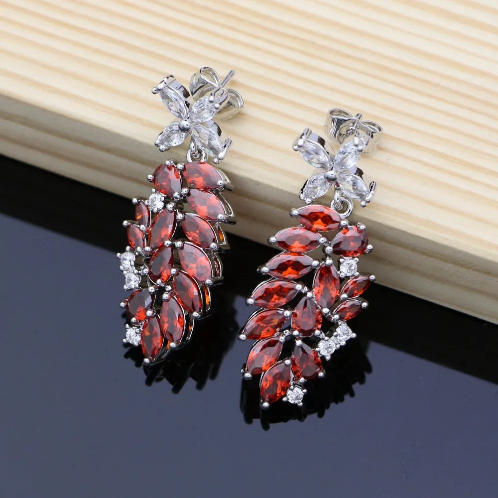 Elegant 925 Silver Jewelry Decoration Flower Shaped Red Cubic Zirconia Stone Bridal Long Earrings For Women (2)