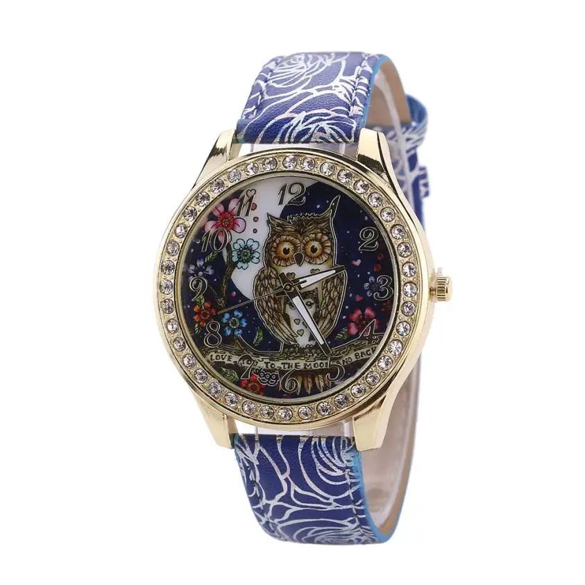 Для женщин моды часы женские Универсальный с рисунком Совы пару моделей Diamond кварцевые часы повседневные Элегантные Стразы Часы - Цвет: Blue