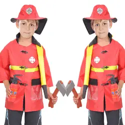 Дети пожарные костюмы для косплея форма пожарного красный топ шляпа игрушка 5 шт. комплект Маскировка карнавал Хэллоуин костюмы