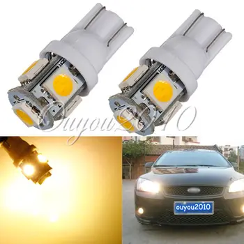 

2pcs/lot Warm White 3000K T10 W5W 5 SMD 5050 LED Car Auto License Plate Wedge Side Lights Lamp Bulb 12V Yellow