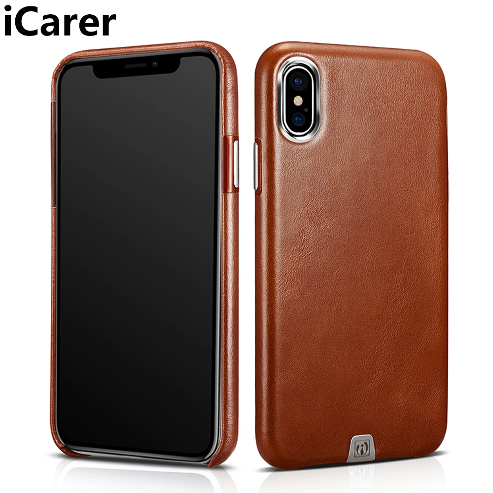 

iCarer For iPhone X Case Cover Luxury Slim Vintage Genuine Leather Hard Protective Armor Phone Case for iPhone 10 Back Cover