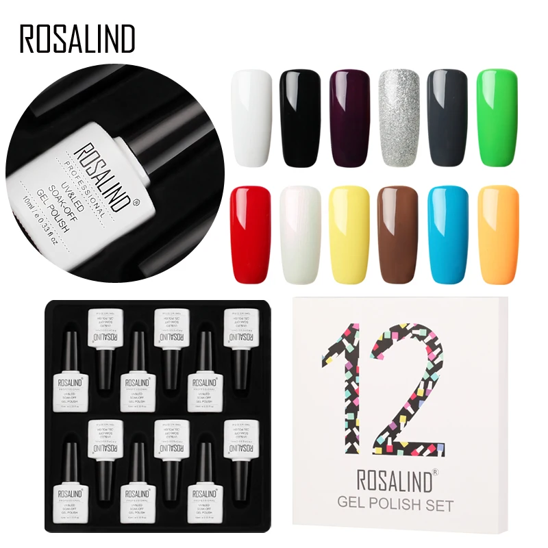 

(12PCS/LOT) ROSALIND 10ml Gel Nail Polish Set Semi Permanent Gel Varnish Set For Manicure Kit Soak Off Primer White Bottle