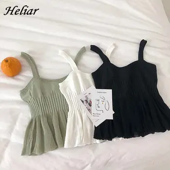 

HELIAR Women Rullfed Tank Tops Knitting Casual Beach Spaghetti Camis Female Bare Midriff Solid Top Elastic Waist Summer Camisole