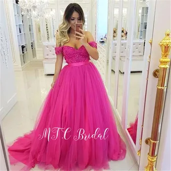 

Hot Pink Arabic Evening Dresses 2019 Off The Shoulder A Line Pearls Tulle Long Prom Gowns Vestido De Festa Custom Made