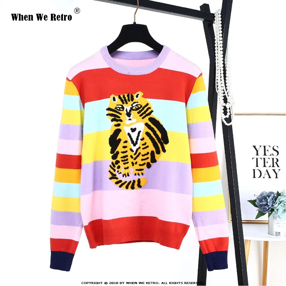 When We Retro 2018 Fashion Runway Design Women Sweater Colorful Stripe Cat Print Winter Knitted Pullover Female Top YC12 | Женская