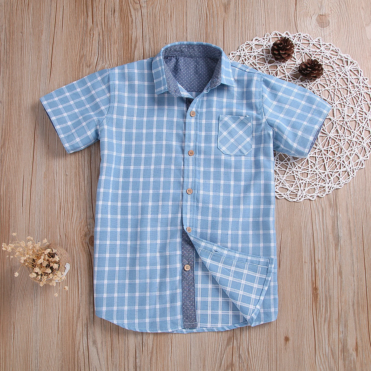 Новые повседневные летние клетчатые рубашки с короткими рукавами для мальчиков, повседневная детская одежда с отложным воротником, рубашки для маленьких мальчиков 3-10 лет - Цвет: Синий