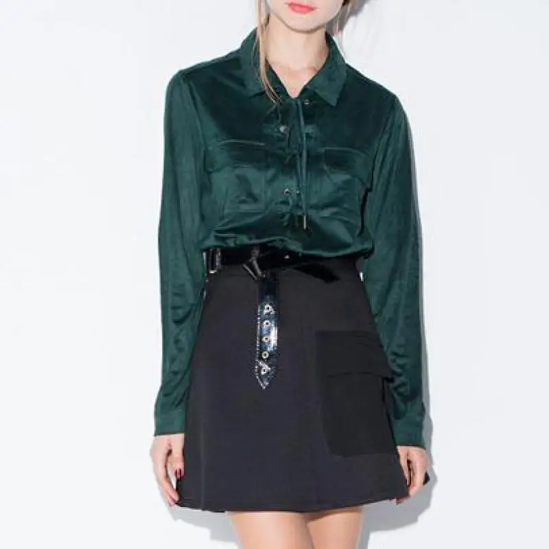 

2018 Fall Spring Fashion Women Green Full Sleeve Suede Blouse , Lace Up Casual Female Slim Blouses , Pockets Shirts For Woman