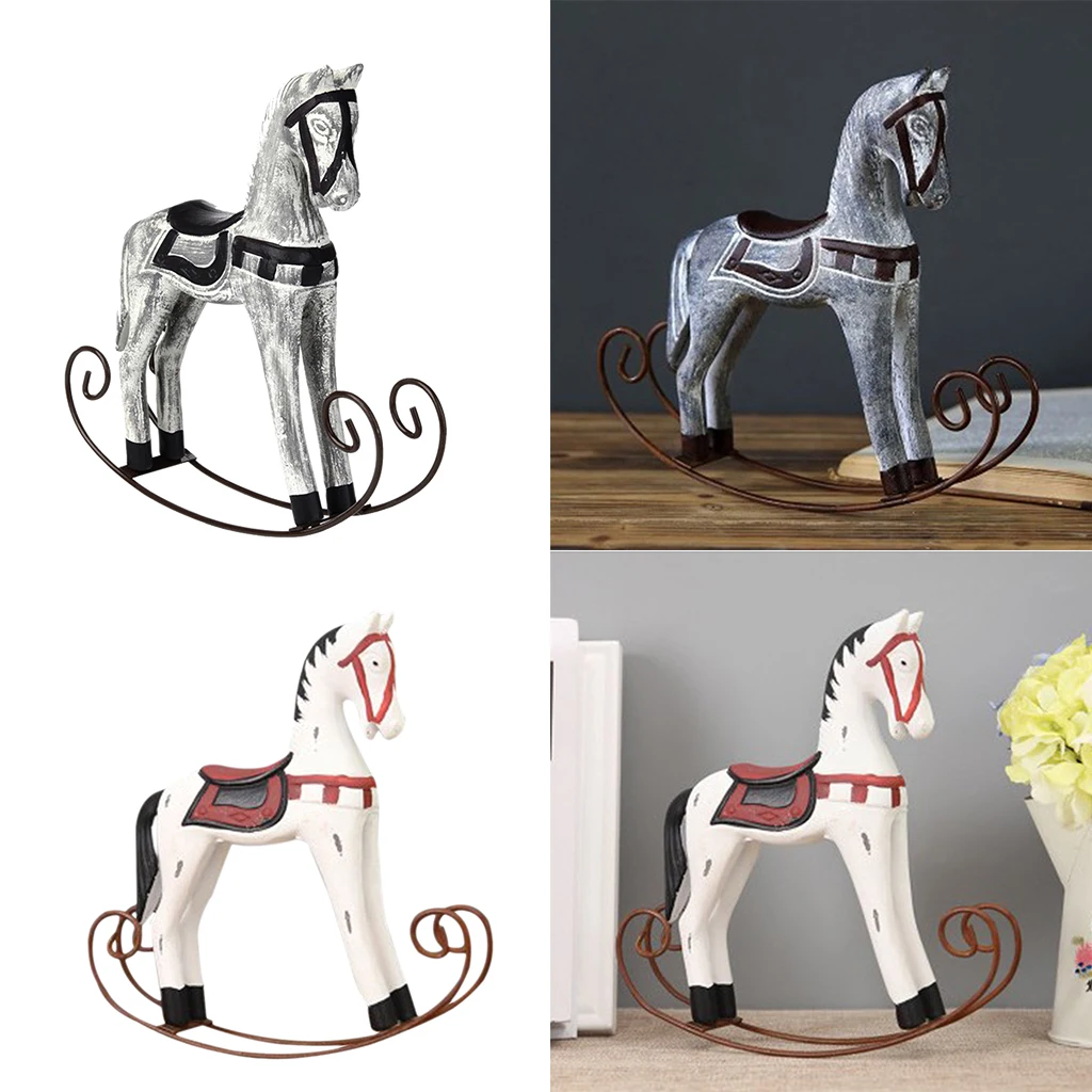 Nordic Wooden Rocking Horse Statue Wedding Decor Wood Horse Crafts DIY Bar Living Room Ornament Kids Toys