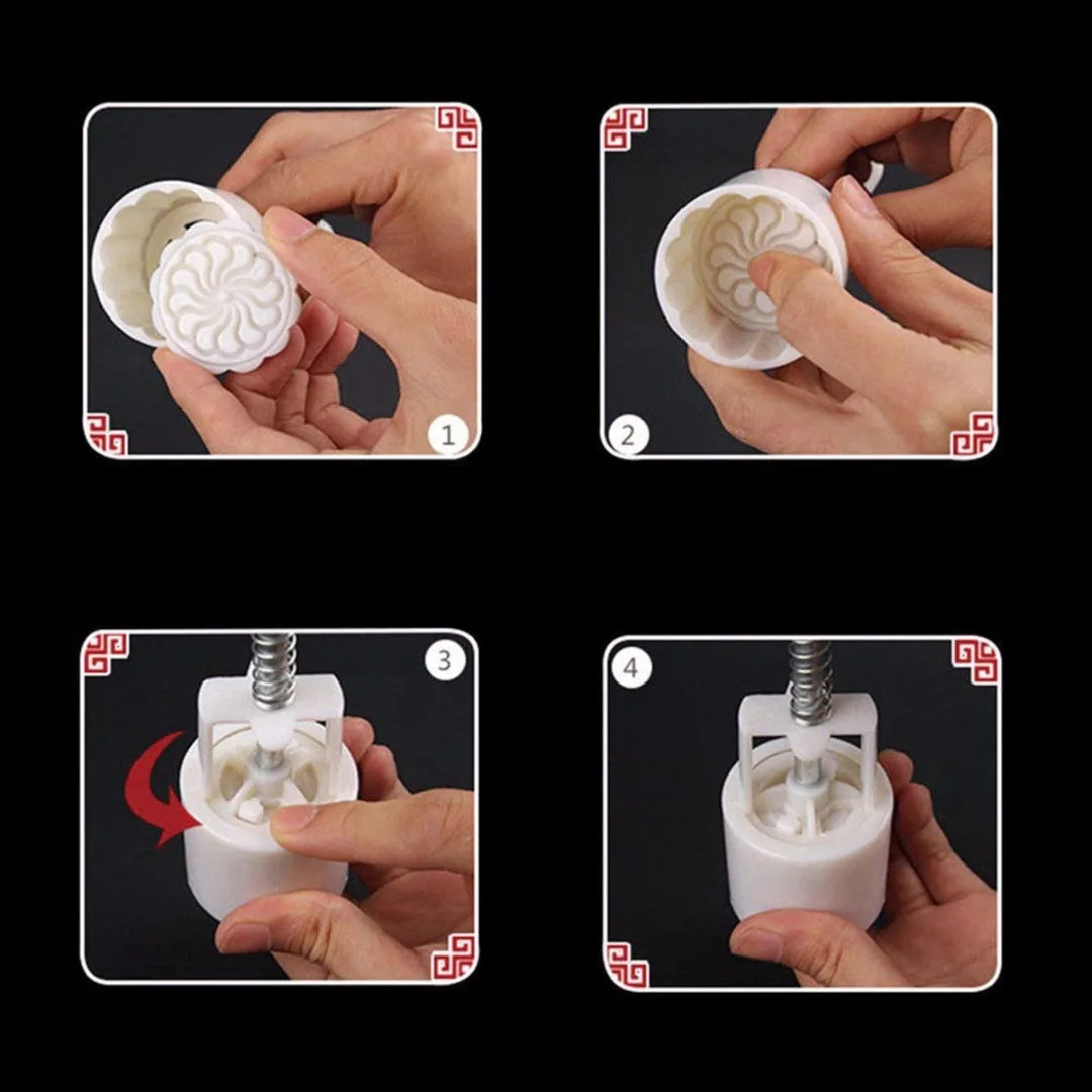 New Round Mooncake Pastry Mold Hand Pressing Mooncake Molds With 4pcs Stamps Cookies Biscuit Mold DIY Tool