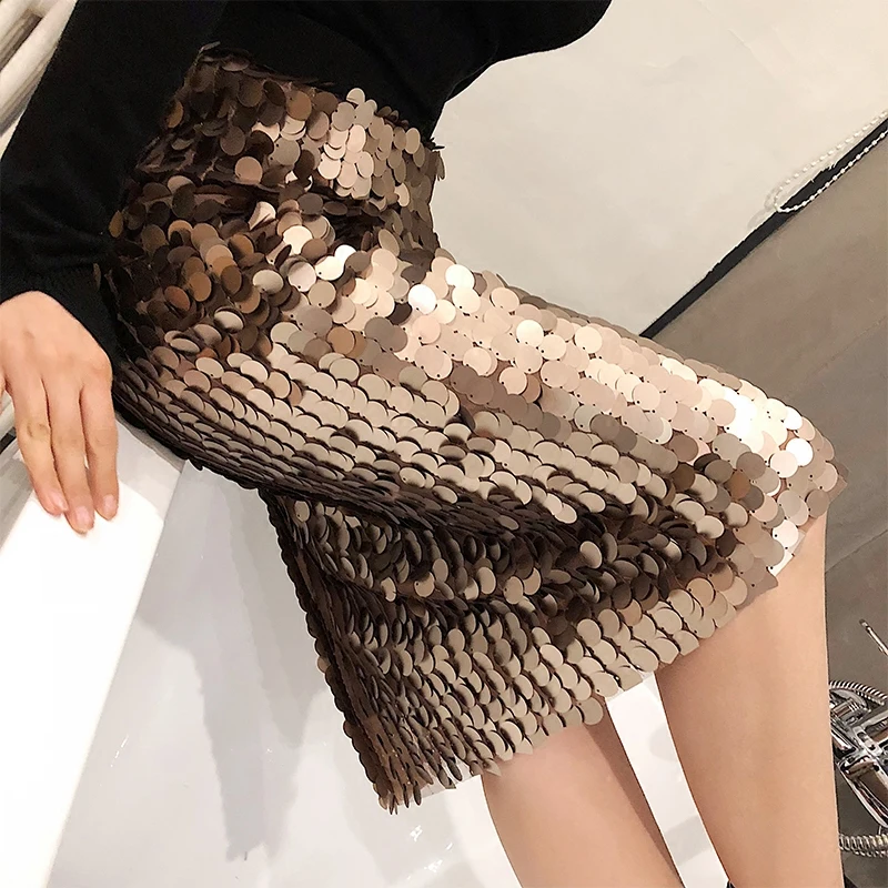 celebrity Blingbling matte texture Bronze glitter sequin skirt High waist pack hips fish scales