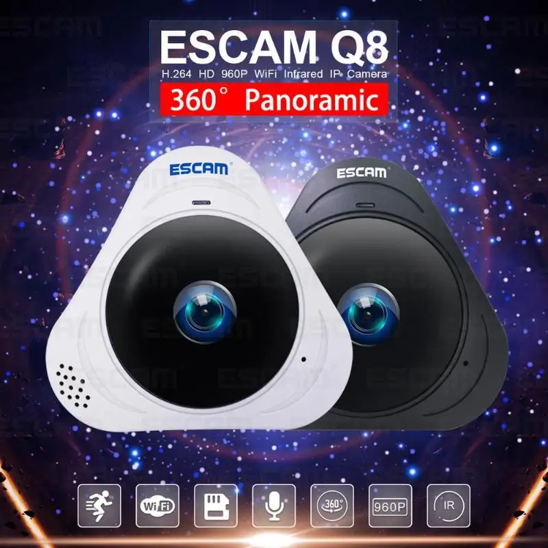ESCAM Q8 960 P 1.3MP 360 градусов панорамный монитор FishEye WI-FI ИК инфракрасный Камера VR IP Камера с двухсторонней аудио/детектор движения