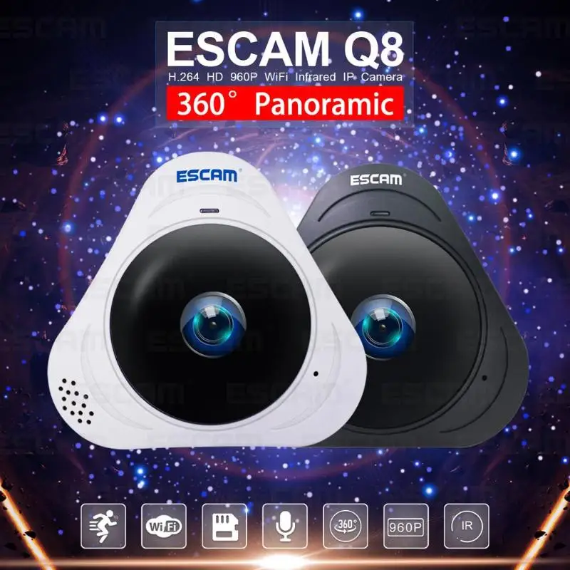 

ESCAM Q8 960P 1.3MP 360 Degree Panoramic Monitor FishEye WIFI IR Infrared Camera VR IP Camera with Two Way Audio/Motion Detector