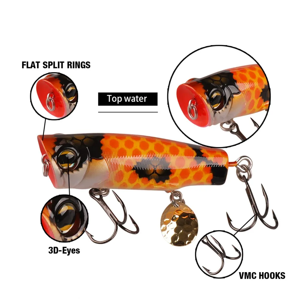 TAF Quality Popper Fishing Lure 7cm 12.2g 6 Colors Artificial Hard Bait with Sequin Wobblers VMC Treble HooksABS Plastic Lure