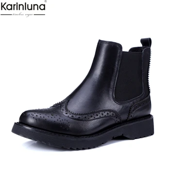 

Karinluna Brand New Dropship patent leather Genuine Leather chelsea Boots Women Shoes fashion brogue shoes leisure ankle Boots