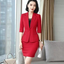 Стиль из двух частей Формальные женские деловые костюмы с юбкой и курткой наборы Красный Блейзер Дамская офисная форма дизайн