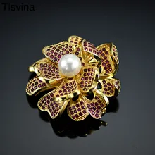 Tisvina красный циркон цветок брошки Женская бижутерия жемчужные корсажи свитер костюм аксессуары золотой цвет брошь для свадебного торжества шпильки