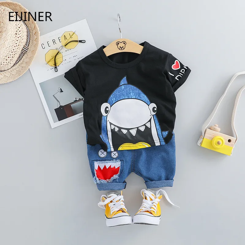 القرش الطفل الصبي فتاة ملابس الصيف 2019 طفل جديد الفتيان الملابس مجموعة القطن الطفل ملابس رسمية (قميص + السراويل) الرضع الملابس مجموعة
