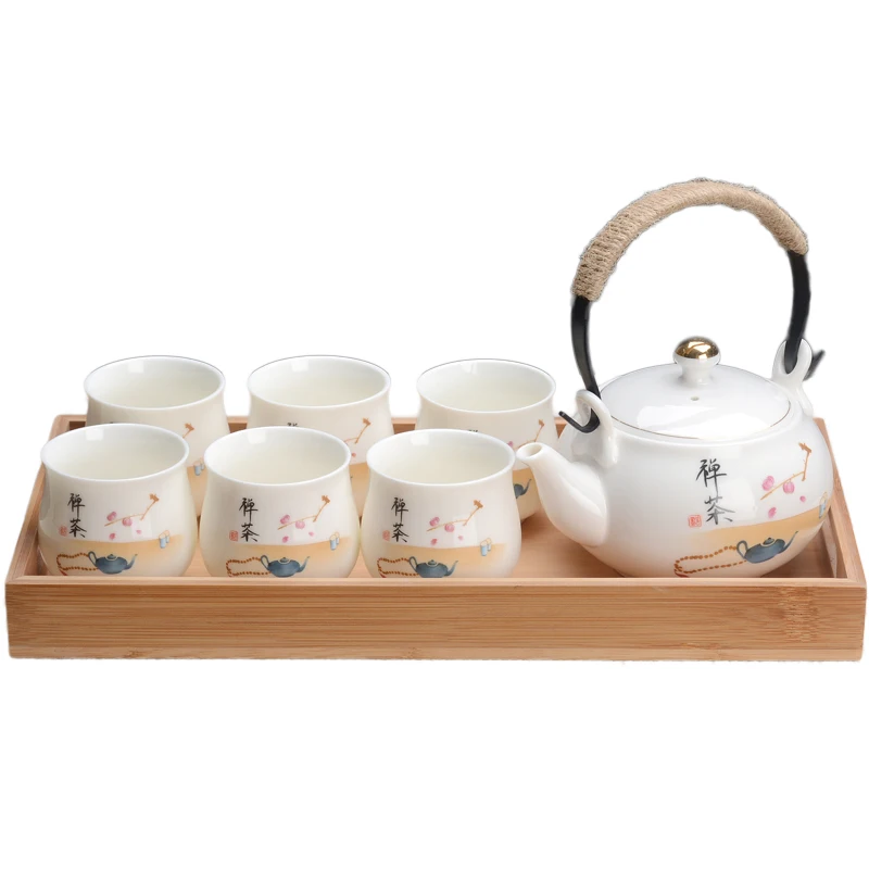 

Jingdezhen Kungfu Tea Set Japanese-style large-capacity teapot handmade teacup bamboo tray Ceramic Drinkware tea kettle cup Set