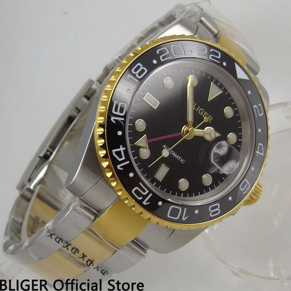 

Solid BLIGER 40MM Black Dial Ceramic Bezel GMT Function Gold Plated Case Sapphire Automatic Movement Men's Wrist Watch B287