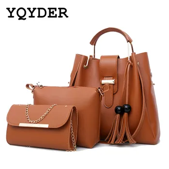 

Women 3Pcs/Set Handbags PU Leather Shoulder Bags Casual Tote Bag Tassel Metal Handle Designer Composite Messenger Bag Purse Sac
