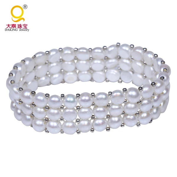 

Daking Three row cultured fresh water pearl bracelets,elastic string 100% natural real pearl bangles for women gift jewelry