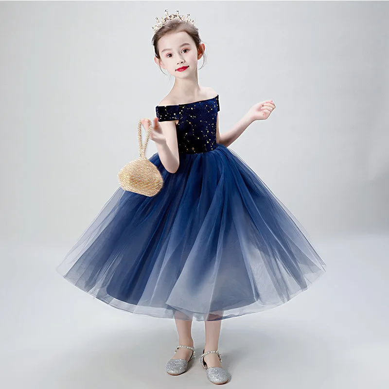 

2019 Gorgeous Girls Shoulderless Mesh Wedding Dress First Communion Gown for Girls Star Party Tulle Princess Birthday Dress D44