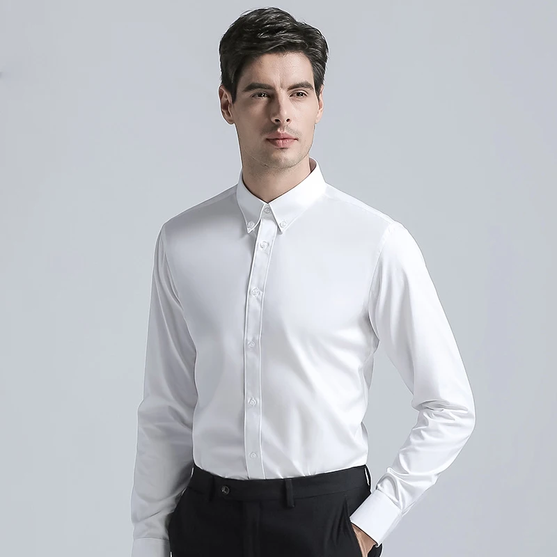 Высокое качество Для мужчин рубашки формальный пряжки воротник Смешанный Хлопок Рубашки Классические однотонные Цвет с длинным рукавом