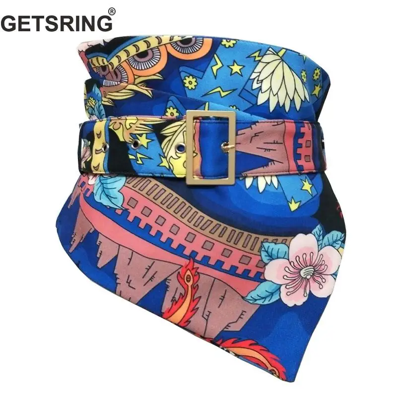 

GETSRING Women Cummerbunds Irregular Wide Waist Belt Waistband Cotton Adjustable Blue Printing Fashion Vintage Betls Waistbands