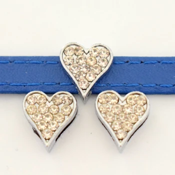 

50PCS 8mm Alloy Silver Full Rhinestone Heart Slide Charms Slide Beads DIY 8mm Bracelets Wristbands,Belt Straps Pet Name Collar