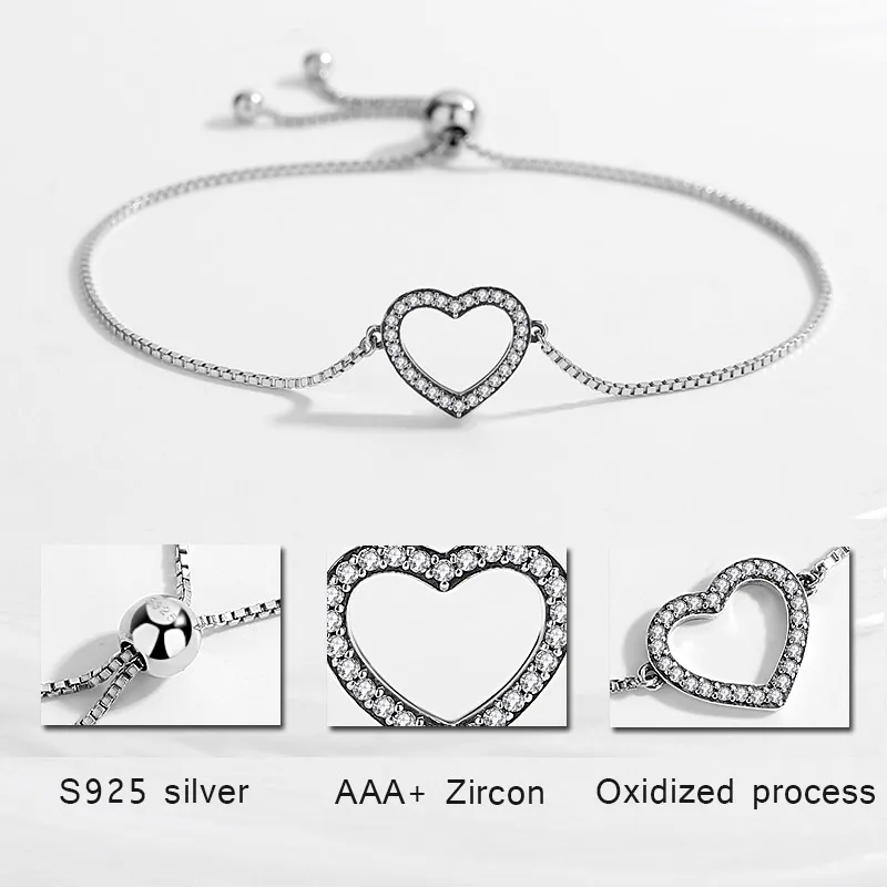 TONGZHE, женские браслеты в форме сердца,, 925, серебряные, с бусинами, для изготовления хрустального камня, теннисная цепочка, регулируемые Свадебные ювелирные изделия