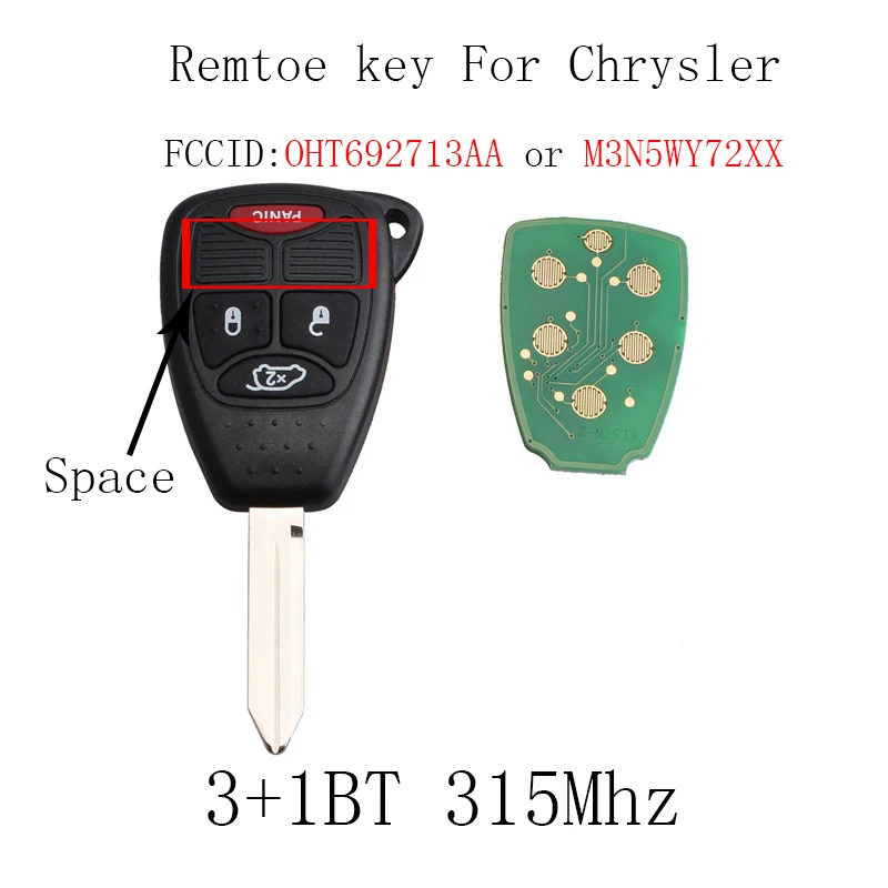 

315Mhz Keyless Remote Entry Key Fob Fit For Dodge Jeep Chrysler 2005-2012 3+1 Buttons For Chrysler OHT692427AA or M3N5WY72XX