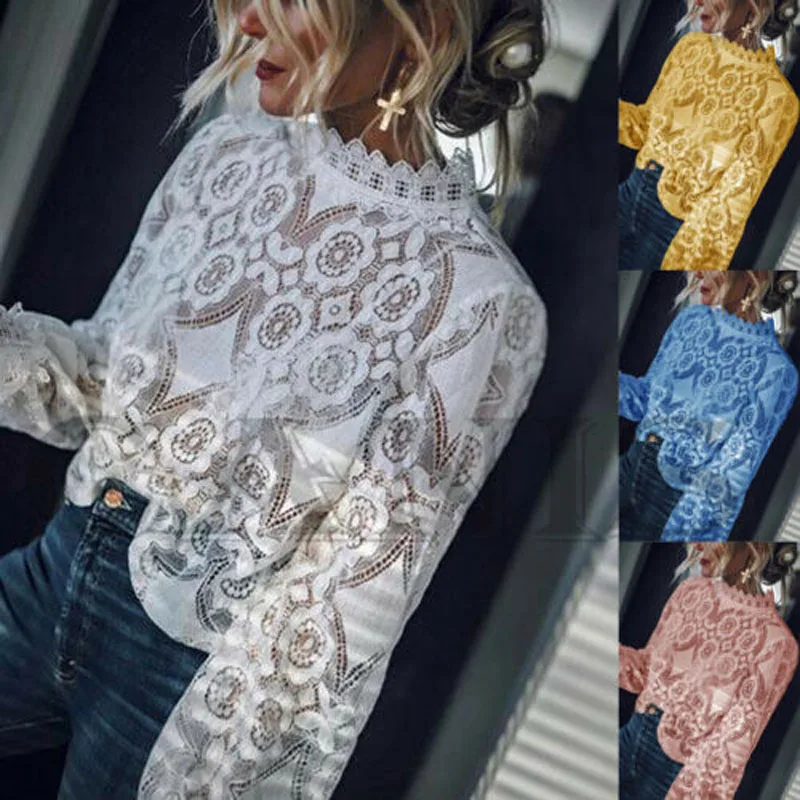 

2019 New Brand Fashion Womens Lace Long Soft Flare Sleeve Shirt Casual Blouse Hollow Out Tops Blouse