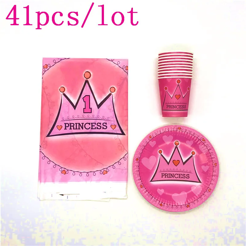 

41Pcs/Lot Pink Crown Theme Design Baby Shower Child Birthday Party Decorations Tableware 20 People Use Family Party Supplies