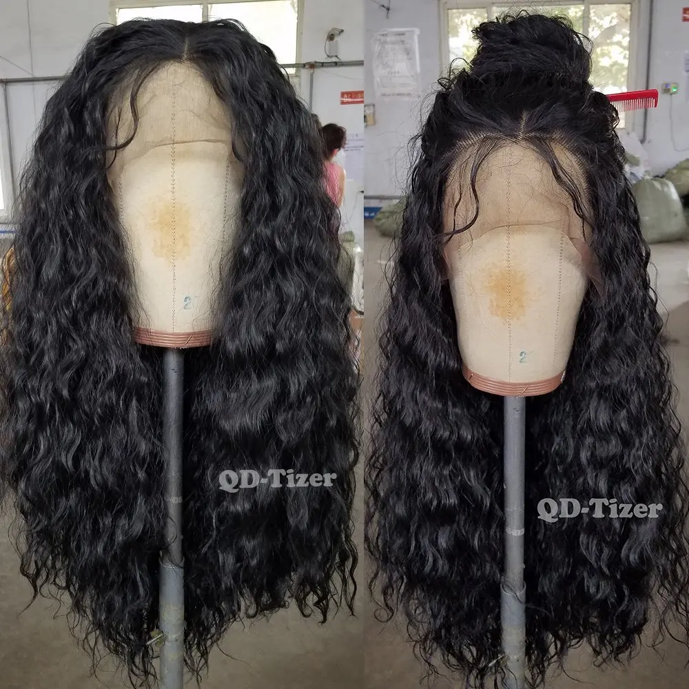 QD-Tizer 180% Density Black Loose Hair Synthetic Lace Wigs Long Loose Curly Synthetic Lace Front Wigs for Black Women