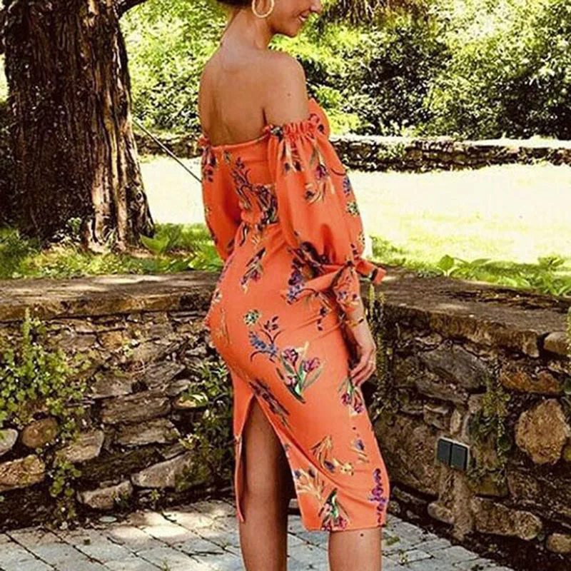 

Ladies Sexy Off Shoulder Slim Fit Dress Split Printed Casual Summer Beach Party