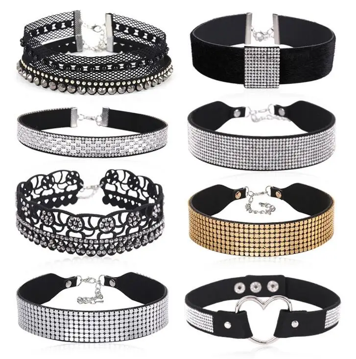 

2017 Black Leather velvet gothic Rhinestone Choker Necklace for Women Crystal Choker Statement chocker collar fashion jewellery