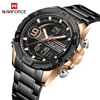 

2020 NAVIFORCE Men Watch Week Date Chronograph Stop Watch Dual Display Quartz Digital 3Bar Waterproof Wrist Watch Black Gold New