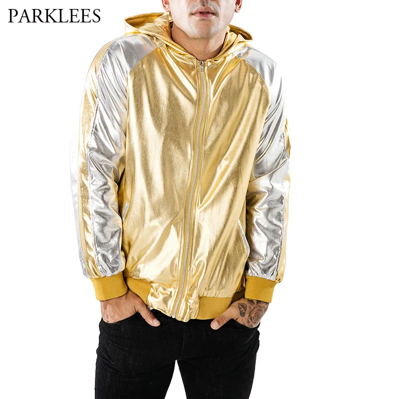 Gold Sliver Patchwork Hooded Jacket Men 2018 Shiny Coated Metallic Mens