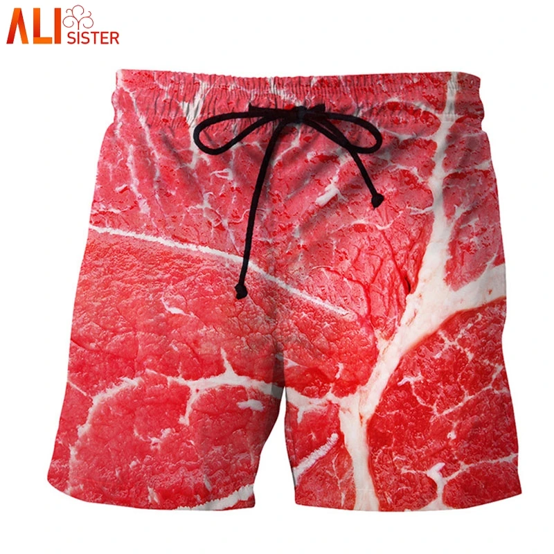 Alisister Simulation Beef Bacon Print Men's Shorts Summer Beach Bordshorts Personalized Boys Shorts Vacation Holiday Jogger