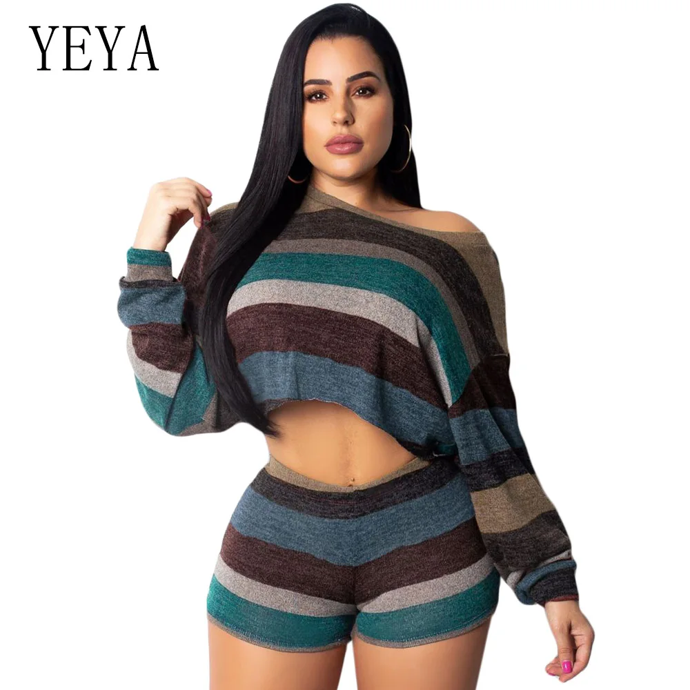YEYA Big Size Striped Playsuit Autumn Spring Long Sleeve Casual Women Rompers Jumpsuit Short Pants Two Piece Set Overalls Female