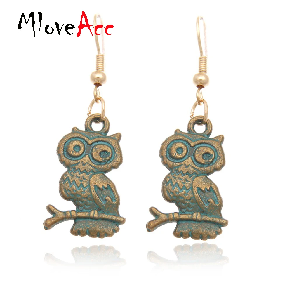 

Bohemian Ancient Ethnic Vintage Antique Bronze Green Drop Earrings Gipsy Punk Small Owl Dangle Earrings for Women Jewelry