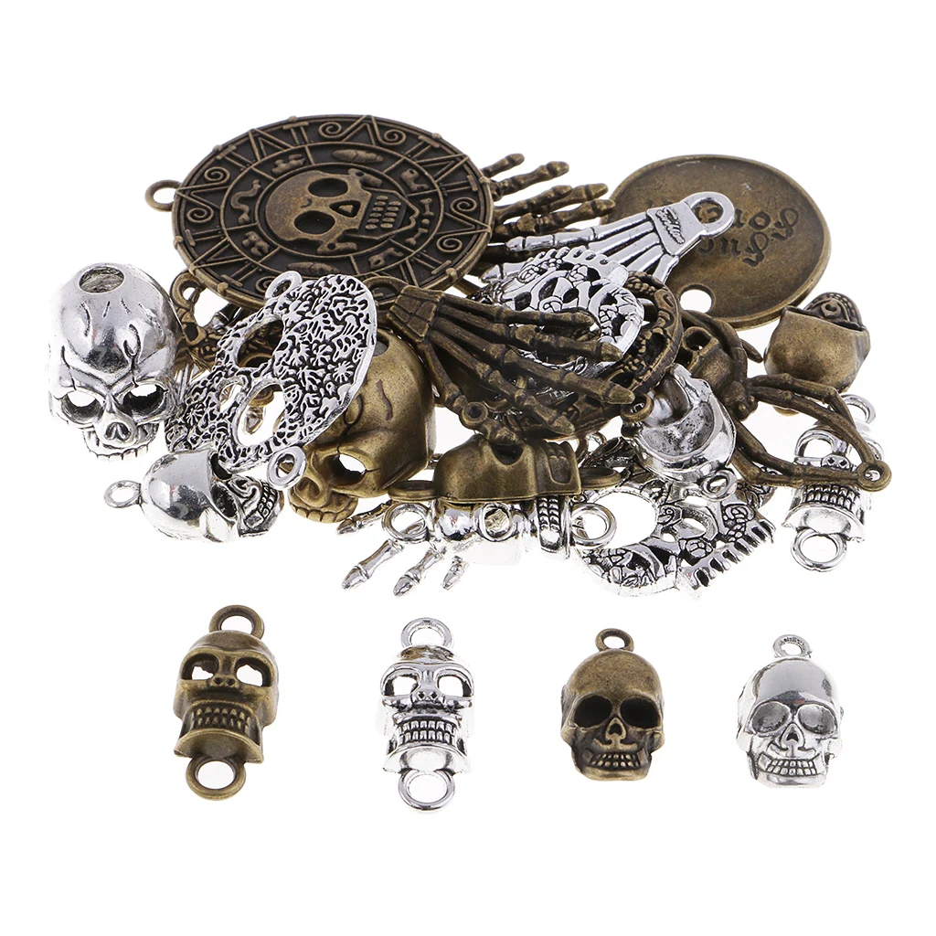 100 Grams Mixed Antiqued Skull Skeleton Pendant Charms for Handmade Steampunk Necklace Punk Jewelry Hanging Craft Accessories