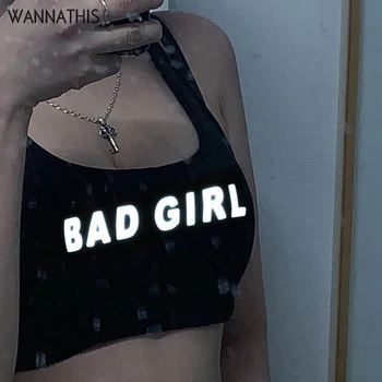 

WannaThis Women Crop Tops Tank Tops Sleeveless Camis Letter Printed Cotton Sexy Flash Reflective Party Club Streetwear Summer