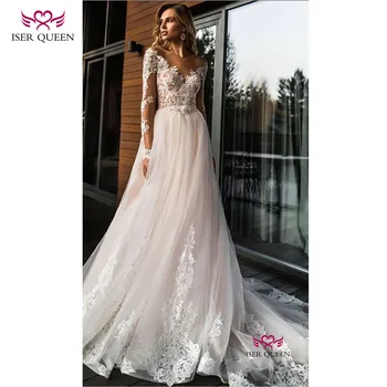 

Charming V-neck Long Sleeves with Embroidery and Lace Vestido De Noiva Praia Tulle Champagne Button Illusion Chapel Train w0575