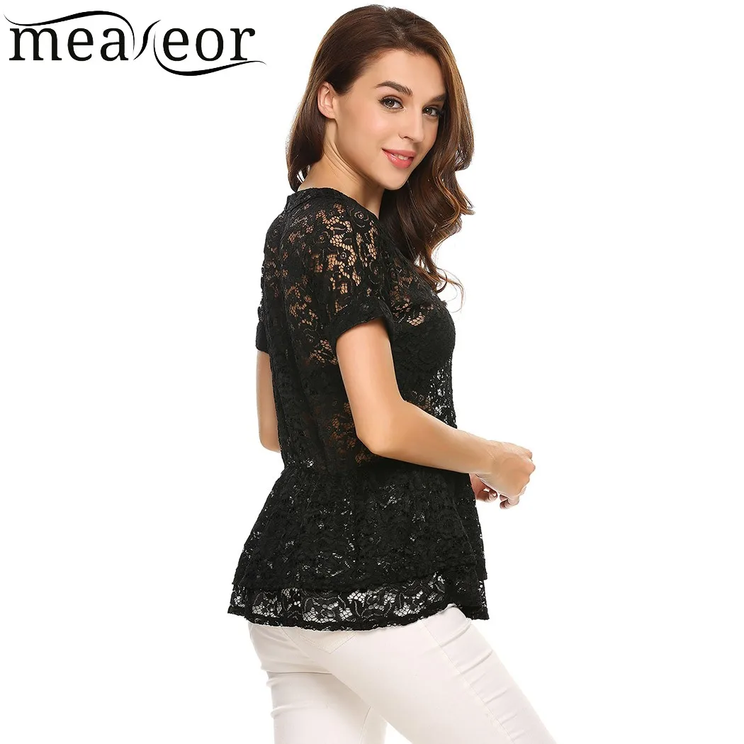 Meaneor Floral Lace Hollow Out Ruffle T-Shirt See-through Elastic Band Double Layers Pleated Women T-shirts Elegant Sexy T-shirt Meaneor Floral Lace Hollow Out Ruffle T-Shirt See-through Elastic Band Double Layers Pleated Women T-shirts Elegant Sexy T-shirt
