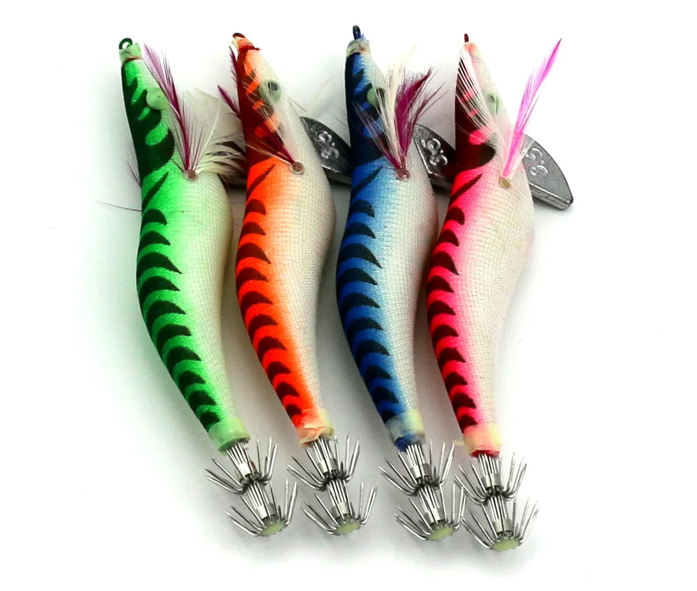 Big Sale 4pcs New Squid Jigs Fishing Lure Artificial Wooden Shrimp Bait