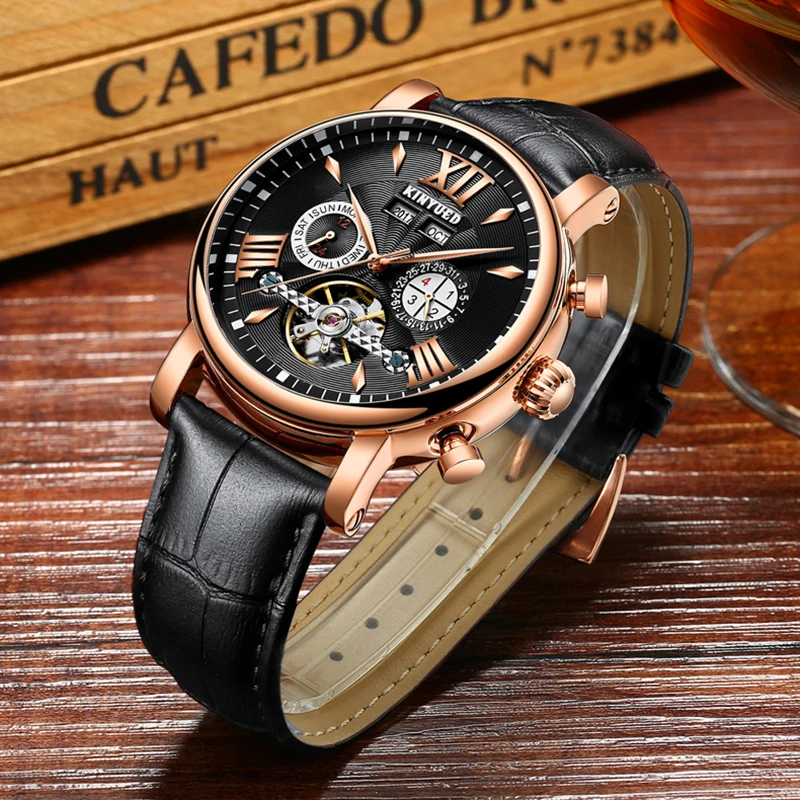 KINYUED تحلق توربيون الهيكل العظمي جلدية Waterpoof الأعمال التقويم رجل الميكانيكية الساعات التلقائي montre أوم KINYUED تحلق توربيون الهيكل العظمي جلدية Waterpoof الأعمال التقويم رجل الميكانيكية الساعات التلقائي montre أوم