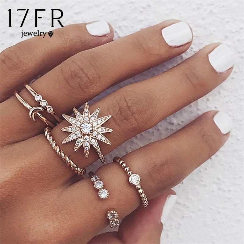 

FNIO New Retro Design Crystal Star Moon Ring Set Women's Ring Bohemian Jewelry
