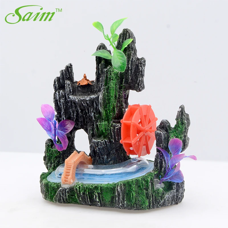 Saim Resin Decorative Rocks Aquarium Mountain Decor Waterwheel House Lifelike Artificial Plants